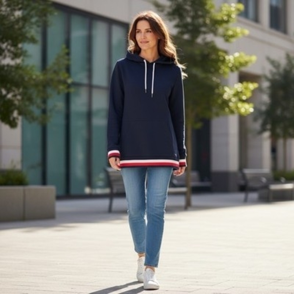 Tommy Hilfiger Sport Hooded Pullover Sweatshirt Navy Stripe 3D Logo Womens M EXC
